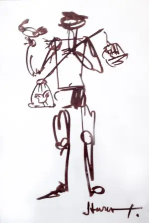 <b>Haren Thakur</b><br>Bird Seller<br>Ink Drawing on Paper<br>8 x 5 Inches<br>2007