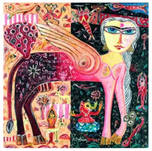 <b>K. Muralidharan</b><br>Kamadhenu <br>Acrylic on Canvas<br> 30 x 30 Inches<br>2025