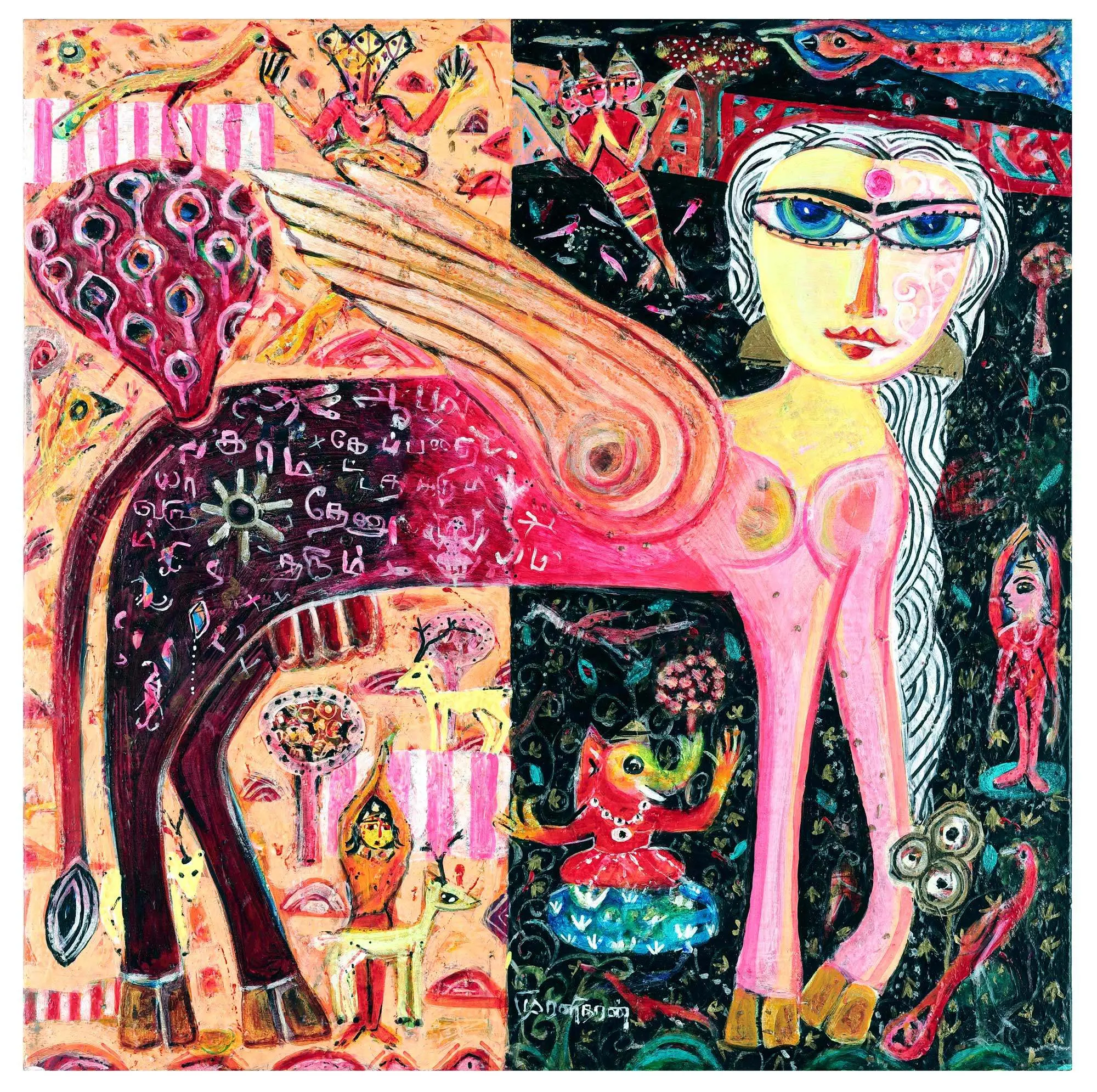 <b>K. Muralidharan</b><br>Kamadhenu <br>Acrylic on Canvas<br> 30 x 30 Inches<br>2025