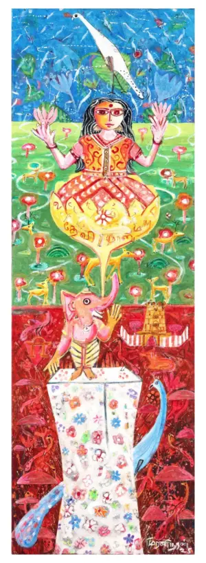 <b>K. Muralidharan</b><br>Mystic Valley<br>Acrylic on Canvas<br> 60 x 20 Inches<br>2025