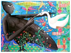 <b>K. Muralidharan</b><br>Kinnara<br>Acrylic on Canvas<br>36 x 48 Inches<br>2024