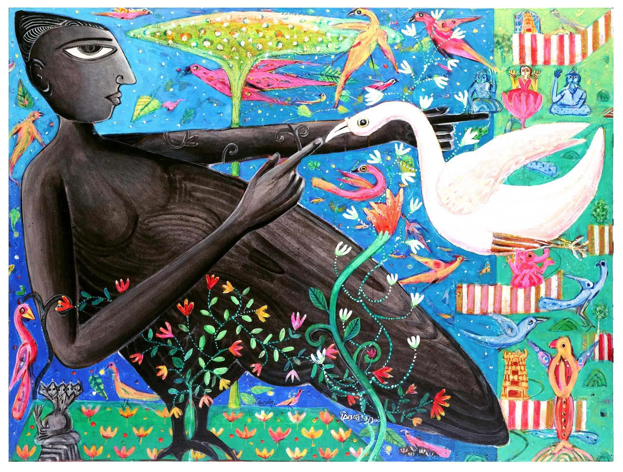 <b>K. Muralidharan</b><br>Kinnara<br>Acrylic on Canvas<br>36 x 48 Inches<br>2024