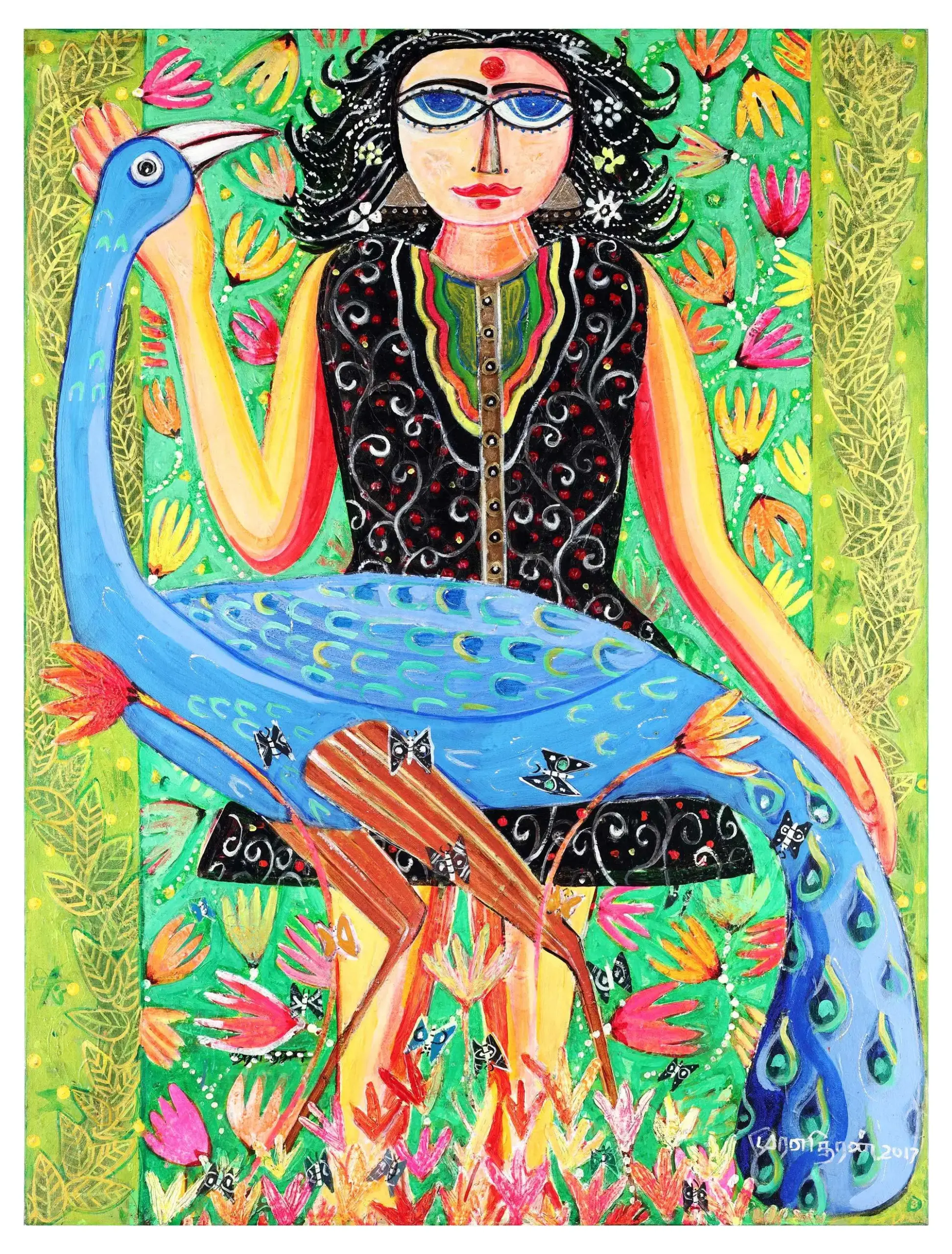 <b>K. Muralidharan</b><br>Girl with Peacock <br>Acrylic on Canvas<br> 48 x 36 Inches<br>2017