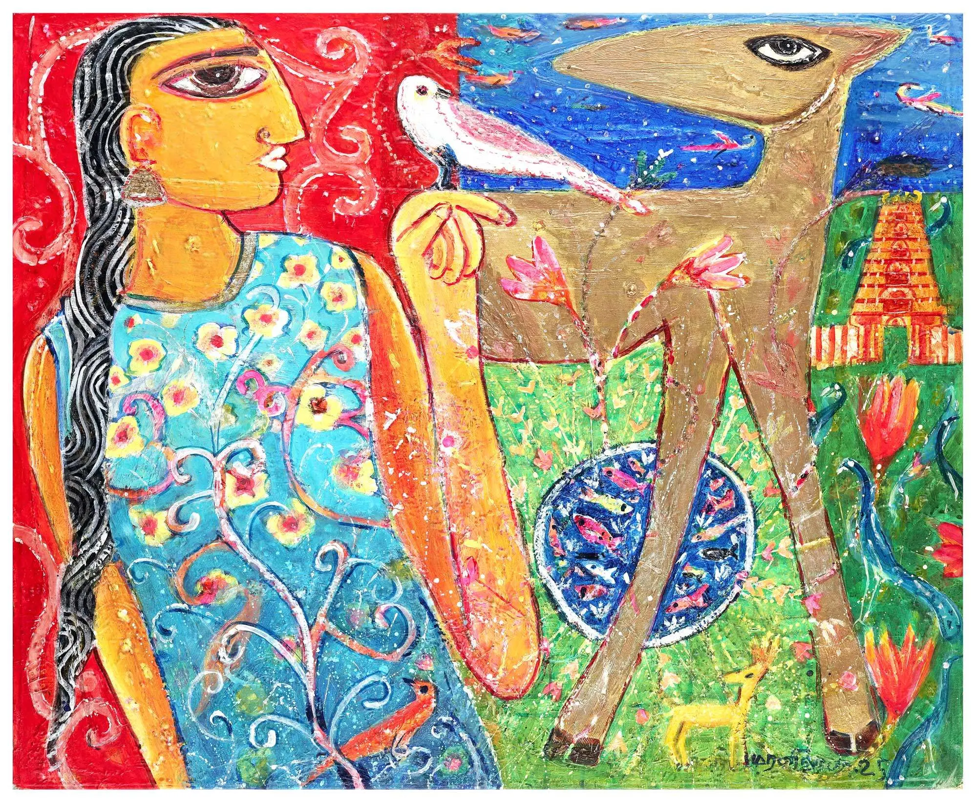 <b>K. Muralidharan</b><br>Golden Deer<br>Acrylic on Canvas<br> 30 x 36 Inches<br>2025