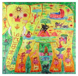<b>K. Muralidharan</b><br>Airavata-I<br>Acrylic on Canvas<br> 60 x 60 Inches<br>2025