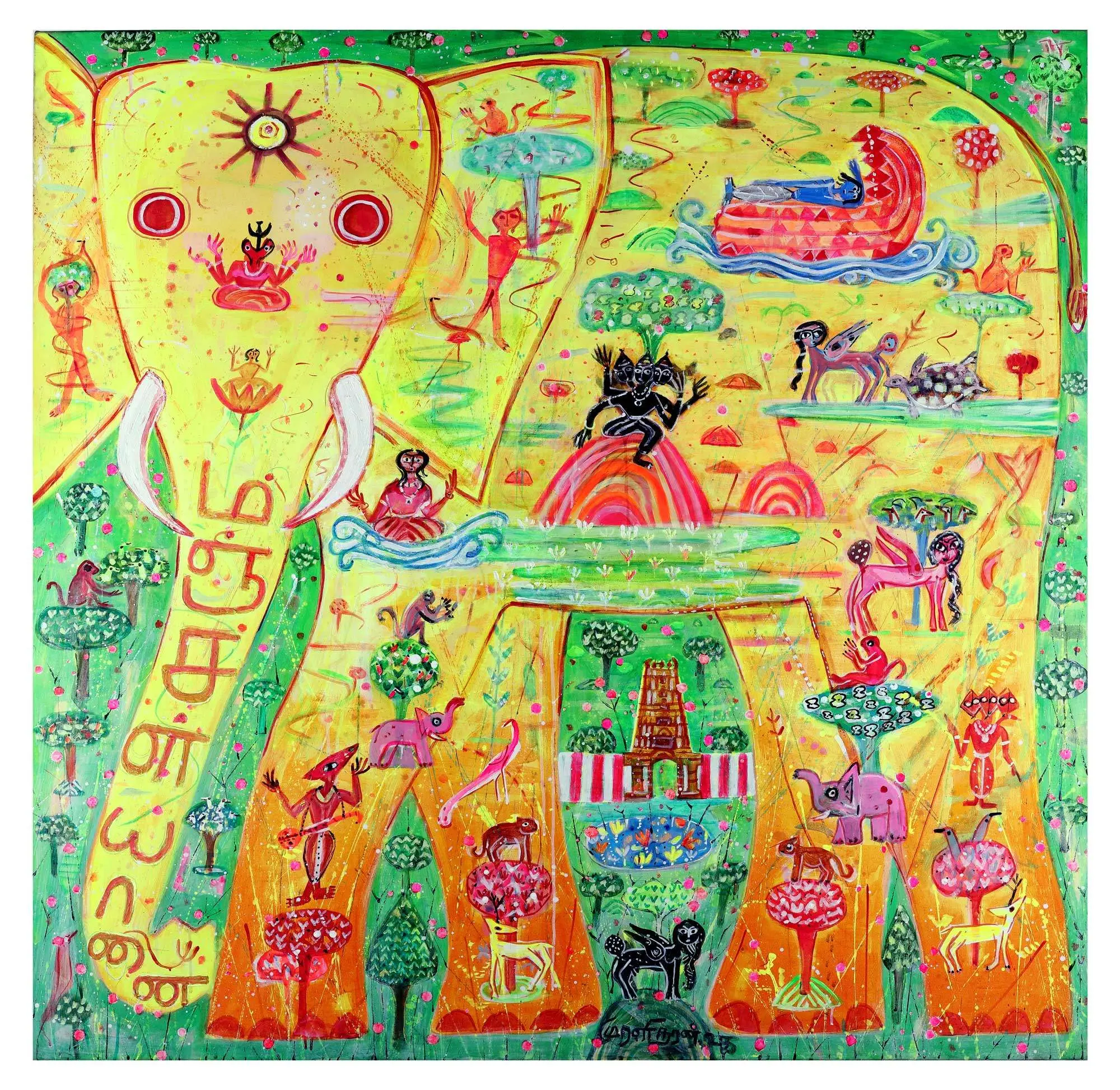 <b>K. Muralidharan</b><br>Airavata-I<br>Acrylic on Canvas<br> 60 x 60 Inches<br>2025