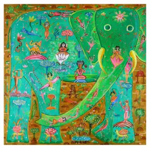 <b>K. Muralidharan</b><br>Airavata-III<br>Acrylic on Canvas<br> 60 x 60 Inches<br>2025