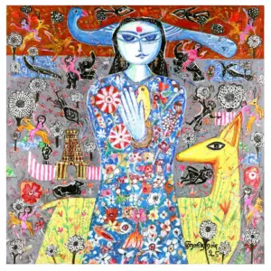 <b>K. Muralidharan</b><br>Sita with Golden Deer<br>Acrylic on Canvas<br> 48 x 48 Inches<br>2025