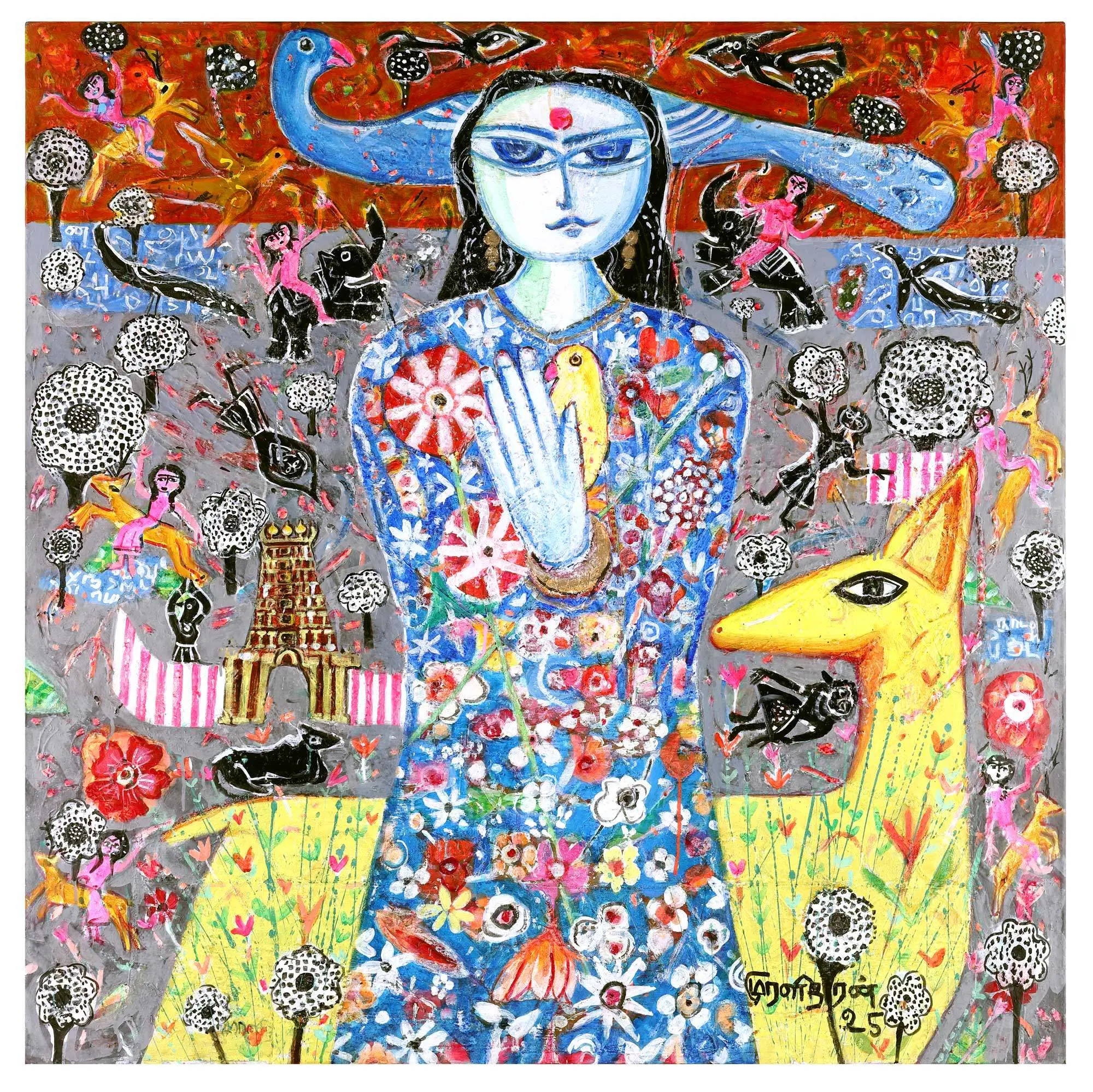 <b>K. Muralidharan</b><br>Sita with Golden Deer<br>Acrylic on Canvas<br> 48 x 48 Inches<br>2025