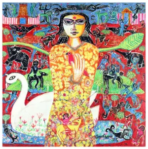 <b>K. Muralidharan</b><br>Damayanti<br>Acrylic on Canvas<br> 48 x 48 Inches<br>2025