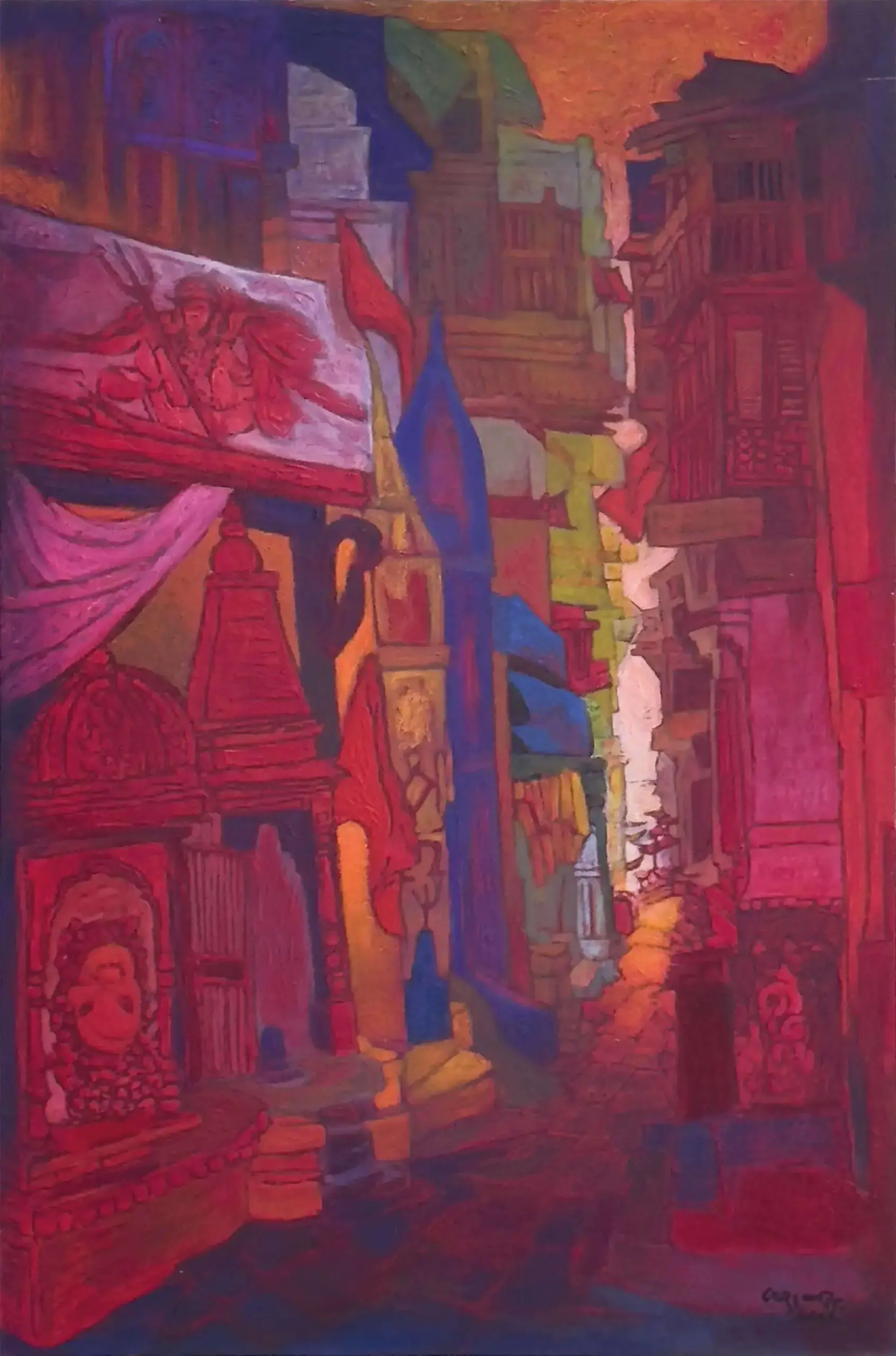 <b>Vrindavan Solanki</b><br>Banaras-II<br>Acrylic on Canvas<br>36 x 24 Inches<br>2025