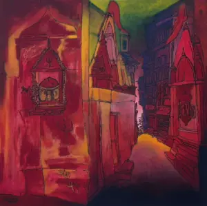 <b>Vrindavan Solanki</b><br>Banaras-III<br>Acrylic on Canvas<br>36 x 24 Inches<br>2025
