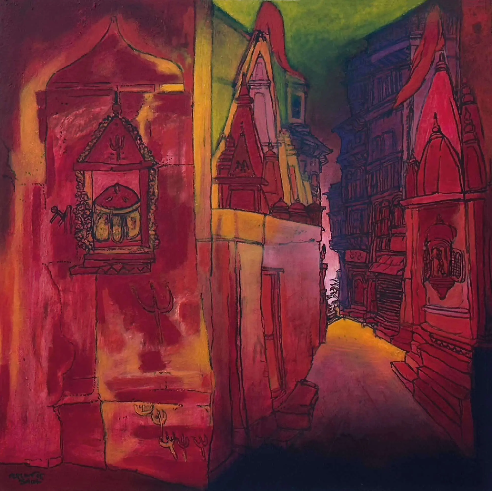 <b>Vrindavan Solanki</b><br>Banaras-III<br>Acrylic on Canvas<br>36 x 24 Inches<br>2025