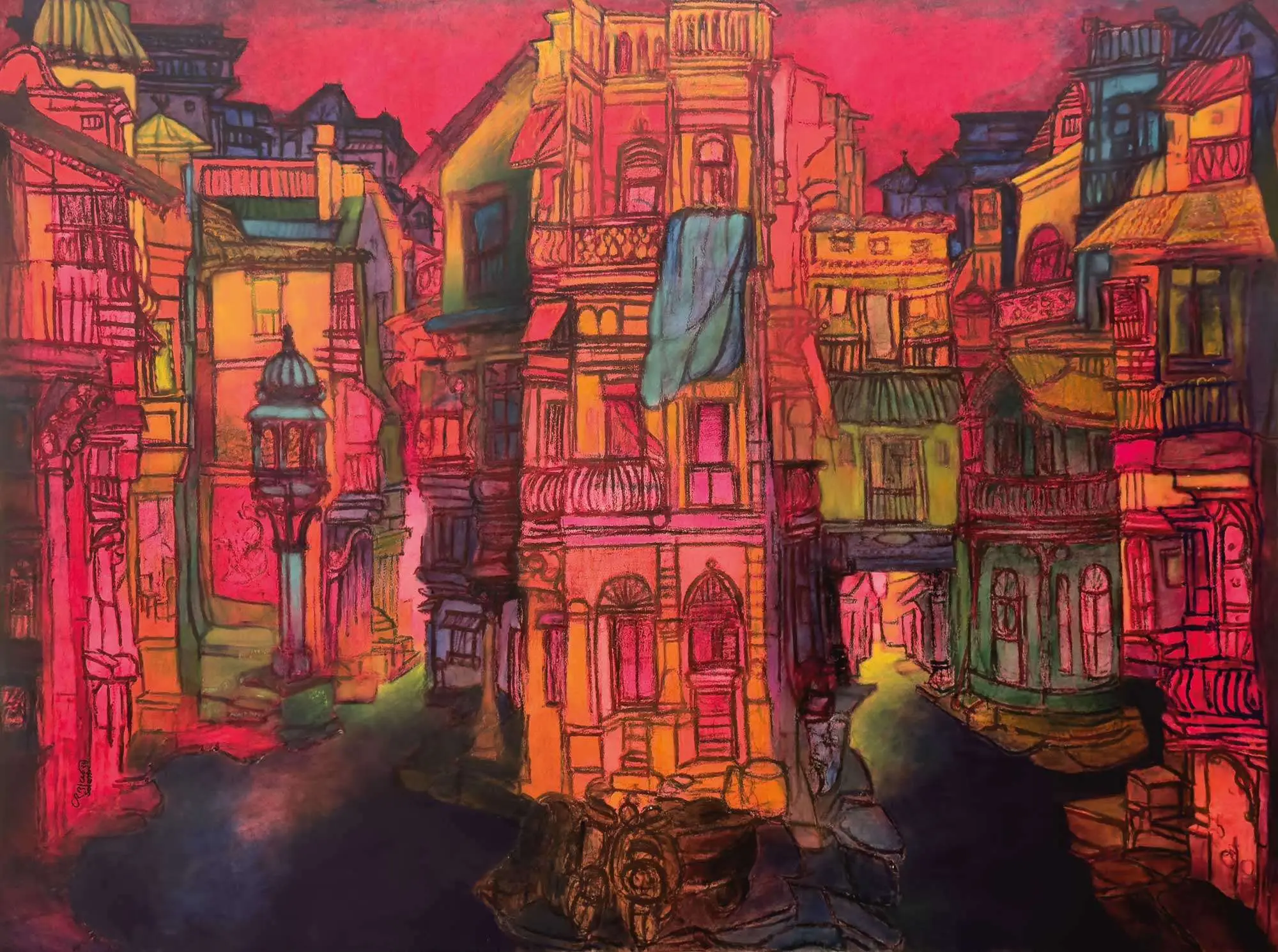 <b>Vrindavan Solanki</b><br>Walled City-Ahmedabad<br>Oil on Canvas<br>72 x 96 Inches<br>2024