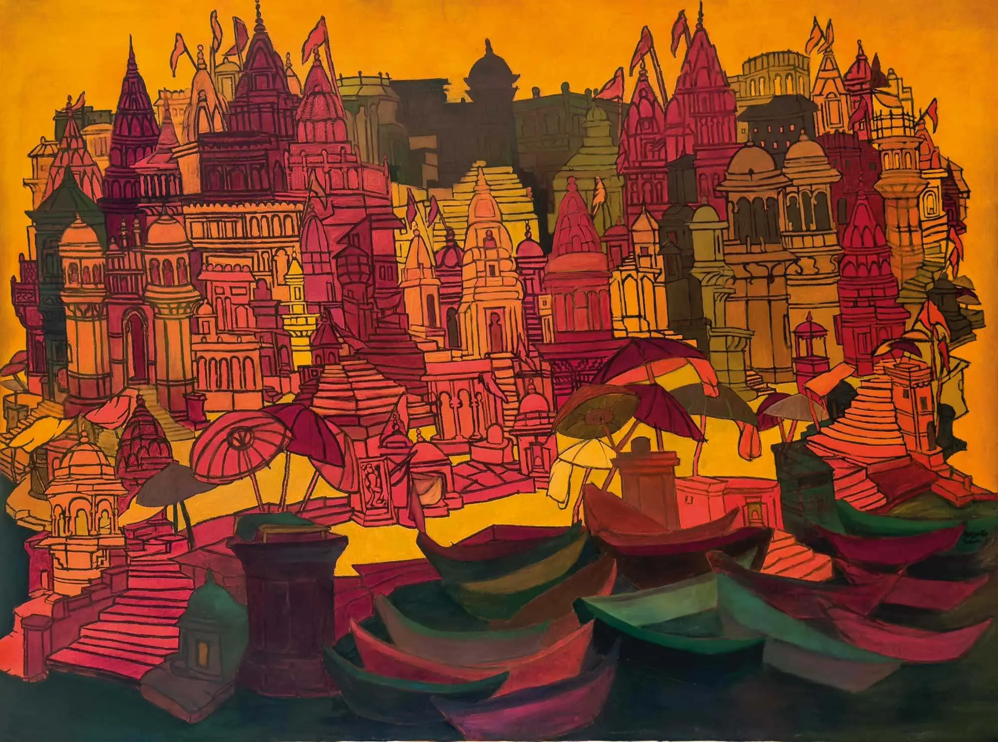 <b>Vrindavan Solanki</b><br>Oldest City-Kashi<br>Oil on Canvas<br>72 x 96 Inches<br>2025