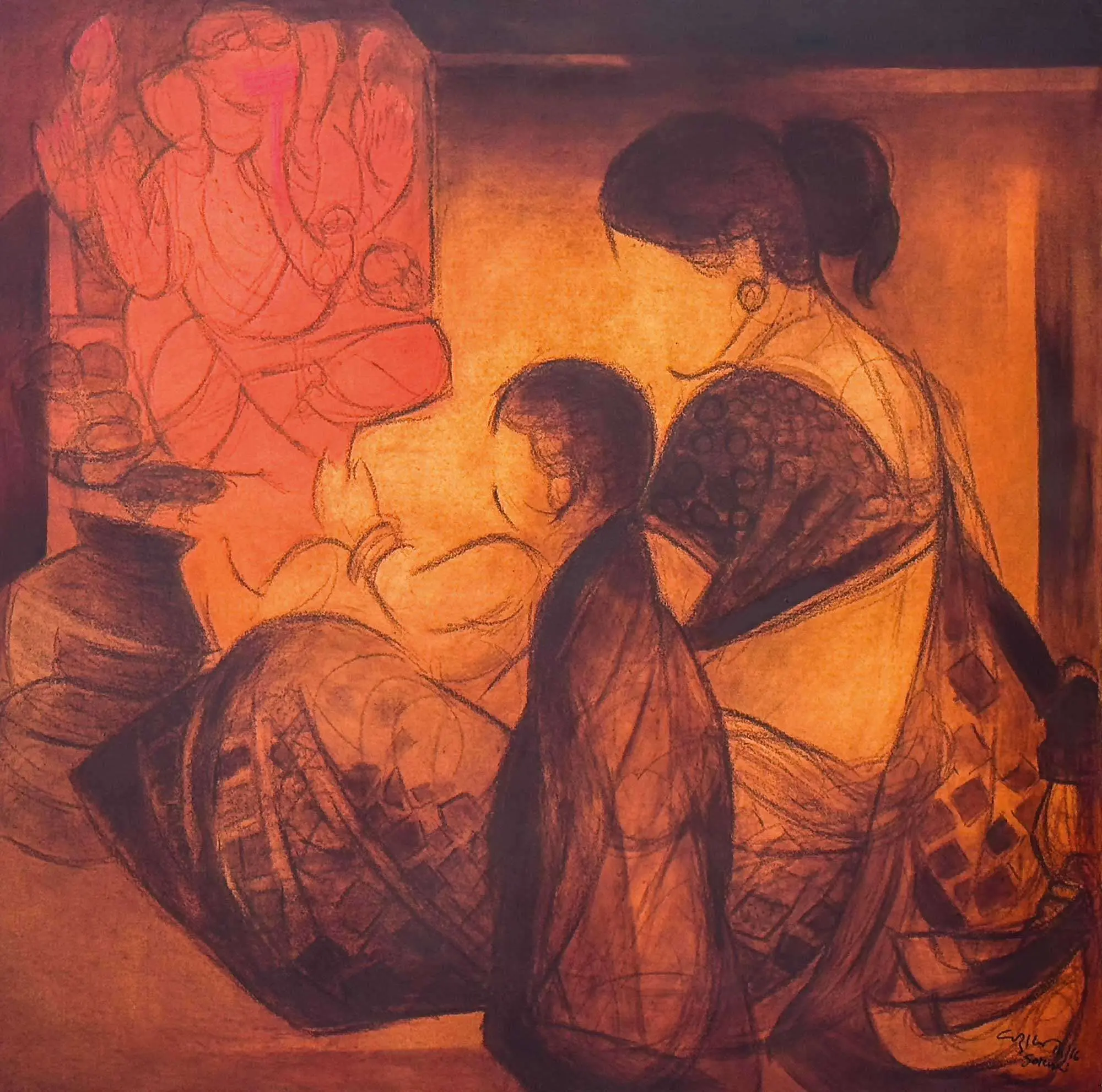 <b>Vrindavan Solanki</b><br>Mother and Child<br>Oil on Canvas<br>48 x 48 Inches<br>2008- 2016