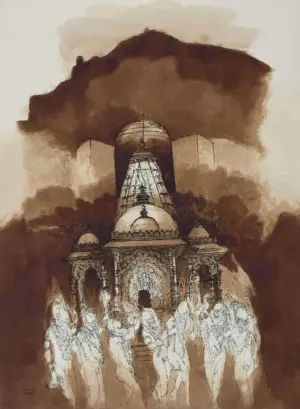 <b>Vrindavan Solanki</b><br>Bhavnath Mandir<br>Ink & Tea on Paper<br>29.5 x 21.5 Inches<br>2025