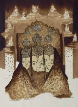 <b>Vrindavan Solanki</b><br>Bagalamukhi-Nalkheda<br>Ink & Tea on Paper<br>29.5 x 21.5 Inches<br>2025