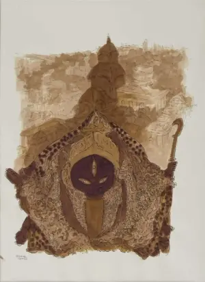 <b>Vrindavan Solanki</b><br>Kalighat Kali-Kolkata<br>Ink & Tea on Paper<br>29.5 x 21.5 Inches<br>2025