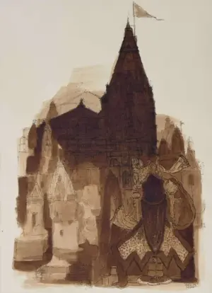 <b>Vrindavan Solanki</b><br>Dwarkadhish<br>Ink & Tea on Paper<br>29.5 x 21.5 Inches<br>2025