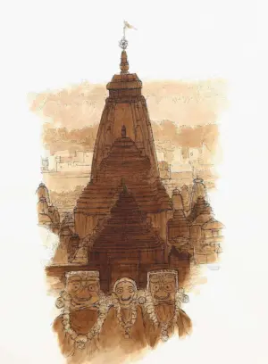 <b>Vrindavan Solanki</b><br>Jagannath-Bhubaneswar<br>Ink & Tea on Paper<br>29.5 x 21.5 Inches<br>2025