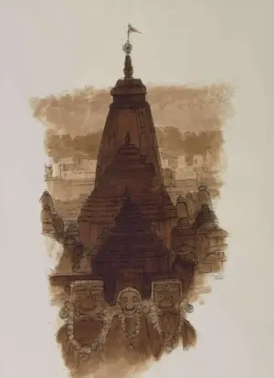 <b>Vrindavan Solanki</b><br>Jagannath-Bhubaneswar<br>Ink & Tea on Paper<br>29.5 x 21.5 Inches<br>2025