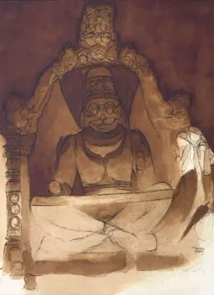 <b>Vrindavan Solanki</b><br>Narshimha Avatar<br>Ink & Tea on Paper<br>29.5 x 21.5 Inches<br>2025