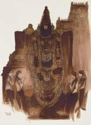 <b>Vrindavan Solanki</b><br>Balaji-Tirupati<br>Ink & Tea on Paper<br>29.5 x 21.5 Inches<br>2025