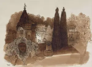 <b>Vrindavan Solanki</b><br>Mata Harsiddhi-Ujjain<br>Ink & Tea on Paper<br>21.5 x 29.5 Inches<br>2025