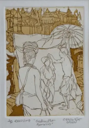 <b>Vrindavan Solanki</b><br>Sadhus at Banaras<br>Etching<br>6.25 x 4.5 Inches<br>2025