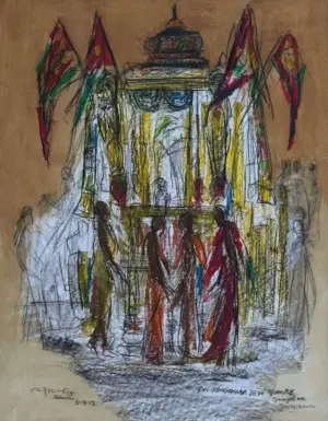 <b>Vrindavan Solanki</b><br>Sri Ganga Mai Devi Temple-Bangalore<br>Mixed Media on Paper<br>28 x 22 Inches<br>2013