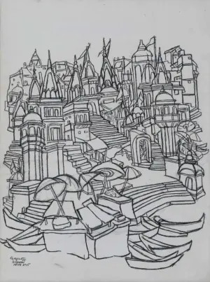 <b>Vrindavan Solanki</b><br>Banaras Ghat-I<br>Charcoal on Paper<br>23.5 x 17.5 Inches<br>2025