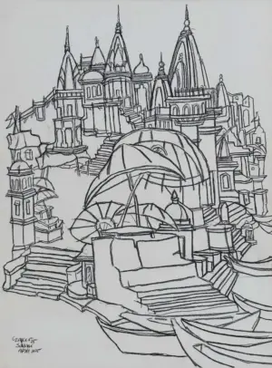<b>Vrindavan Solanki</b><br>Banaras Ghat-IV<br>Charcoal on Paper<br>23.5 x 17.5 Inches<br>2025