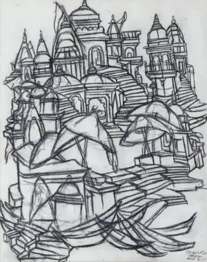 <b>Vrindavan Solanki</b><br>Banaras Ghat-II<br>Charcoal on Paper<br>29.33 x 23 Inches<br>2025