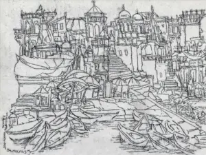 <b>Vrindavan Solanki</b><br>What I saw at Banaras-II<br>Charcoal on Paper<br>11.25 x 7.75 Inches<br>2025