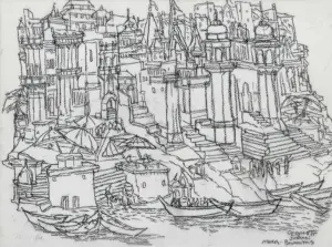 <b>Vrindavan Solanki</b><br>What I saw at Banaras-I<br>Charcoal on Paper<br>11.25 x 7.75 Inches<br>2025
