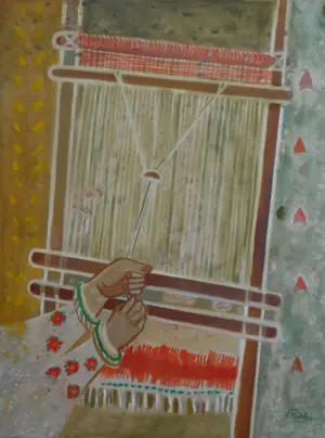 <b>Rekha Hebbar Rao</b><br> Weaving<br>Acrylic & Oil on Canvas<br>48 x 36 Inches<br>Unknown