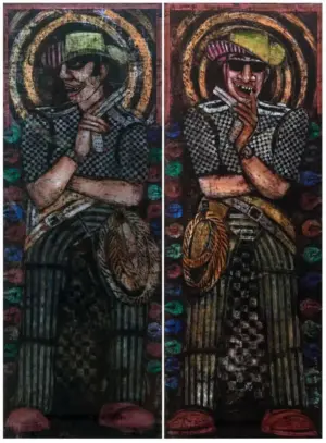 <b>A. Rajeswara Rao</b><br>Bond Brothers (Diptych)<br>Acrylic on Acrylic Sheet<br>48 x 18 Inches (each)<br>2020