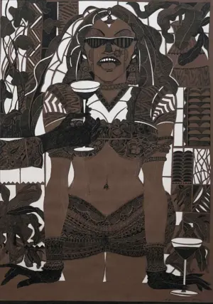 <b>A. Rajeswara Rao</b><br>Cheers Baby Cheers<br>Pen & Ink on Paper Cut <br> 30 x 24 Inches<br>2017