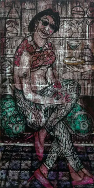 <b>A. Rajeswara Rao</b><br>I am Engaged<br>Acrylic on Acrylic Sheet<br>48 x 24 Inches<br>2023