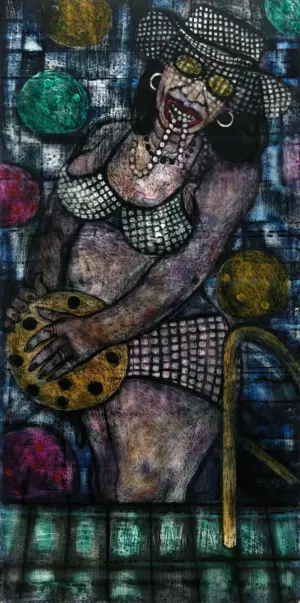 <b>A. Rajeswara Rao</b><br>Kuch Kuch Hota Hai<br>Acrylic on Acrylic Sheet<br>48 x 24 Inches<br>2023