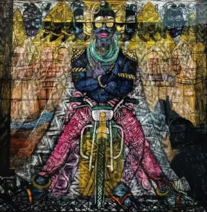 <b>A. Rajeswara Rao</b><br>Shiva on Bike<br>Acrylic on Acrylic Sheet<br>48 x 48 Inches<br>2024