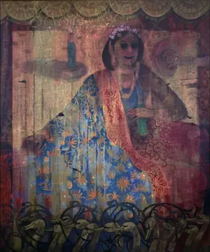 <b>A. Rajeswara Rao</b><br>New Billionaire with Her Golden Ducks <br>Acrylic on Canvas<br>72 x 60 Inches<br>2011