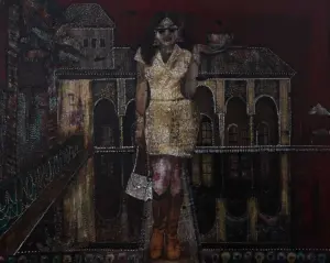 <b>A. Rajeswara Rao</b><br> Self Service<br> Acrylic on Canvas<br>48 x 72 Inches<br>Unknown