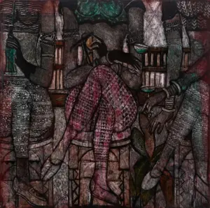 <b>A. Rajeswara Rao</b><br>Smoking Zone<br>Acrylic on Acrylic Sheet<br>48 x 48 Inches<br>2021