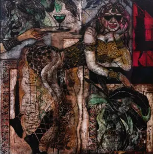 <b>A. Rajeswara Rao</b><br>The Bar Girl <br>Acrylic on Acrylic Sheet<br>48 x 48 Inches<br>2021