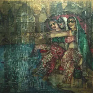 <b>A. Rajeswara Rao</b><br>Fish Massage<br>Acrylic on Canvas<br>48 x 48 Inches<br>2024