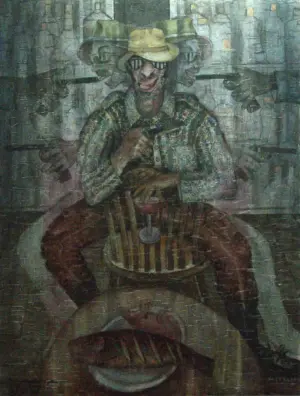 <b>A. Rajeswara Rao</b><br> Boy with Twisted Hand<br> Acrylic on Canvas<br>48 x 36 Inches<br>2024