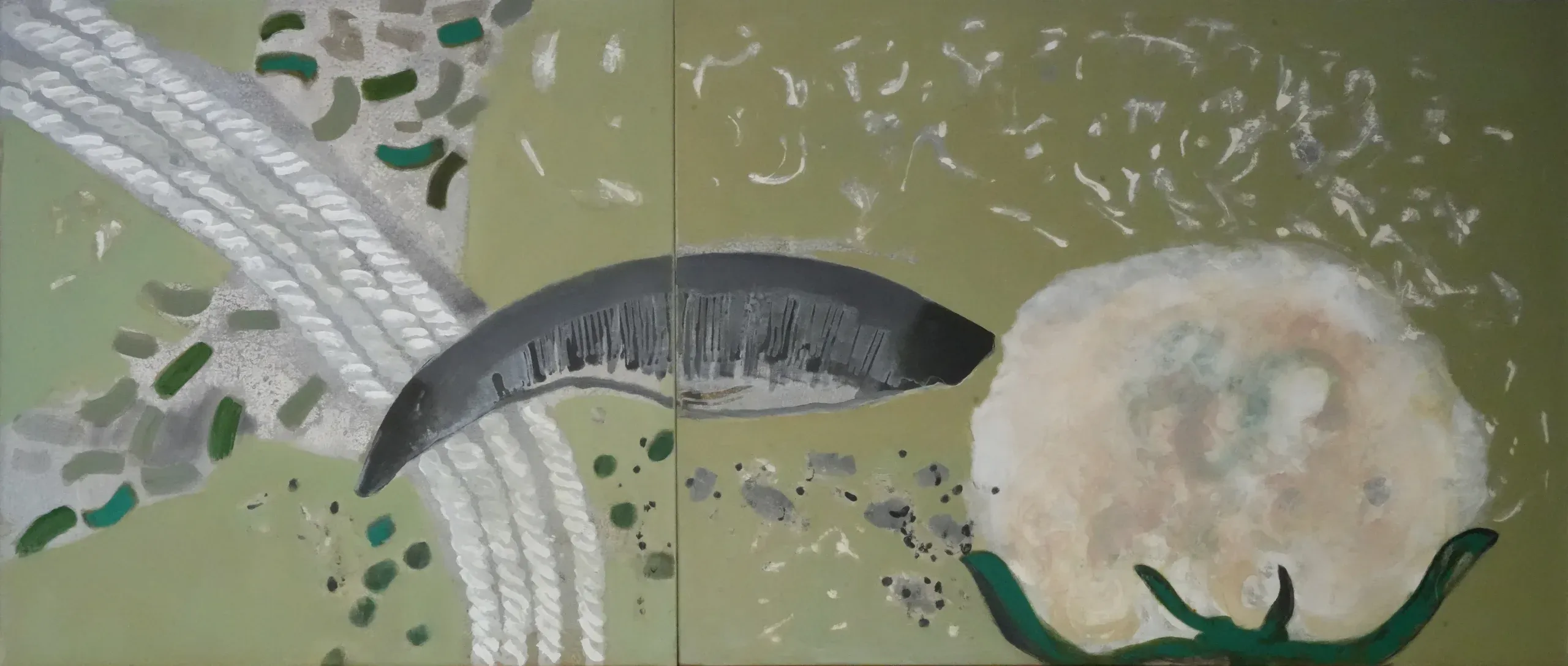 <b>Rekha Hebbar Rao</b><br>Cotton Combing<br>Acrylic on Canvas<br>36 x 36 Inches (Image 1)<br>36 X 48 Inches (Image 2)<br>36 x 85 Inches (Whole Image)<br>2009