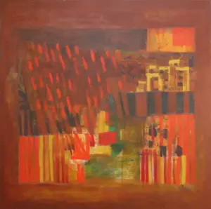 <b>Rekha Hebbar Rao</b><br>Land Mosaic<br>Acrylic & Oil on Canvas<br>48 x 48 Inches<br>2016